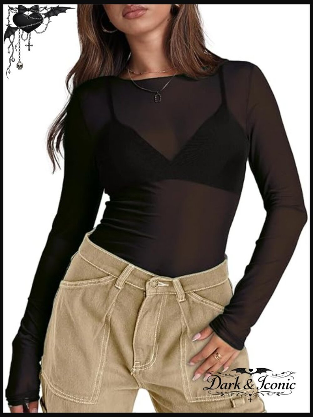 Sheer Mesh Long Sleeve Crew Neck T-Shirt Loose Fit Party Clubwear